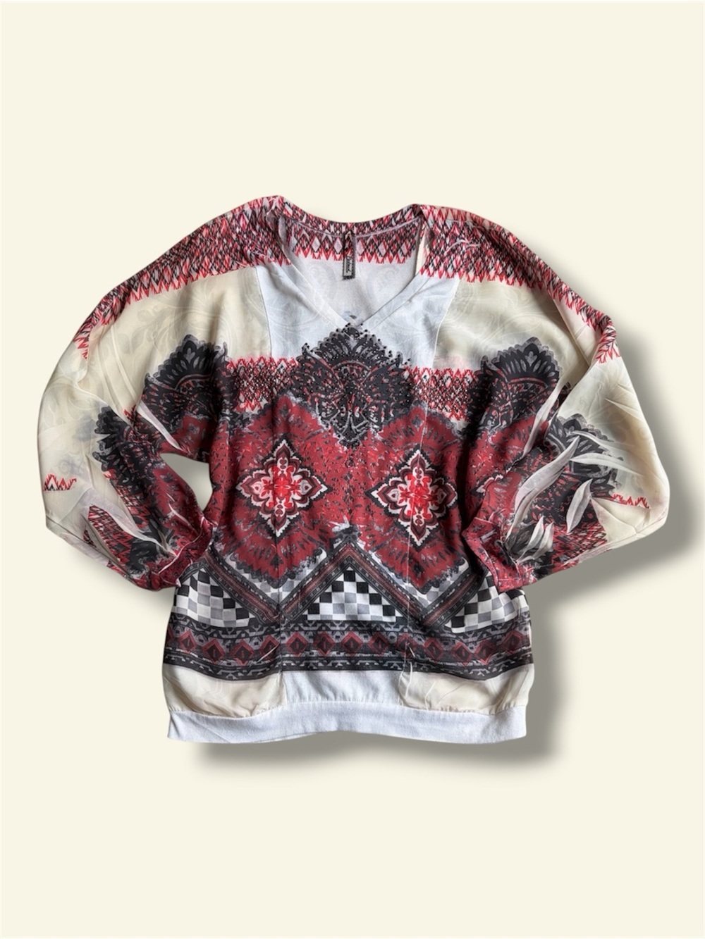 Vintage Petrol Y2K Sheer Bohemian Dolman Sleeve Top Red Black Rhinestone Size L